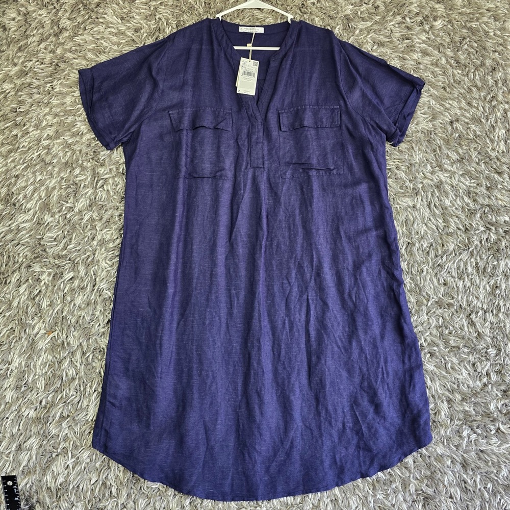 Violeta by Mango Navy Blue Linen Blend Short Sleeve Shift Dress Plus Size XXL 18